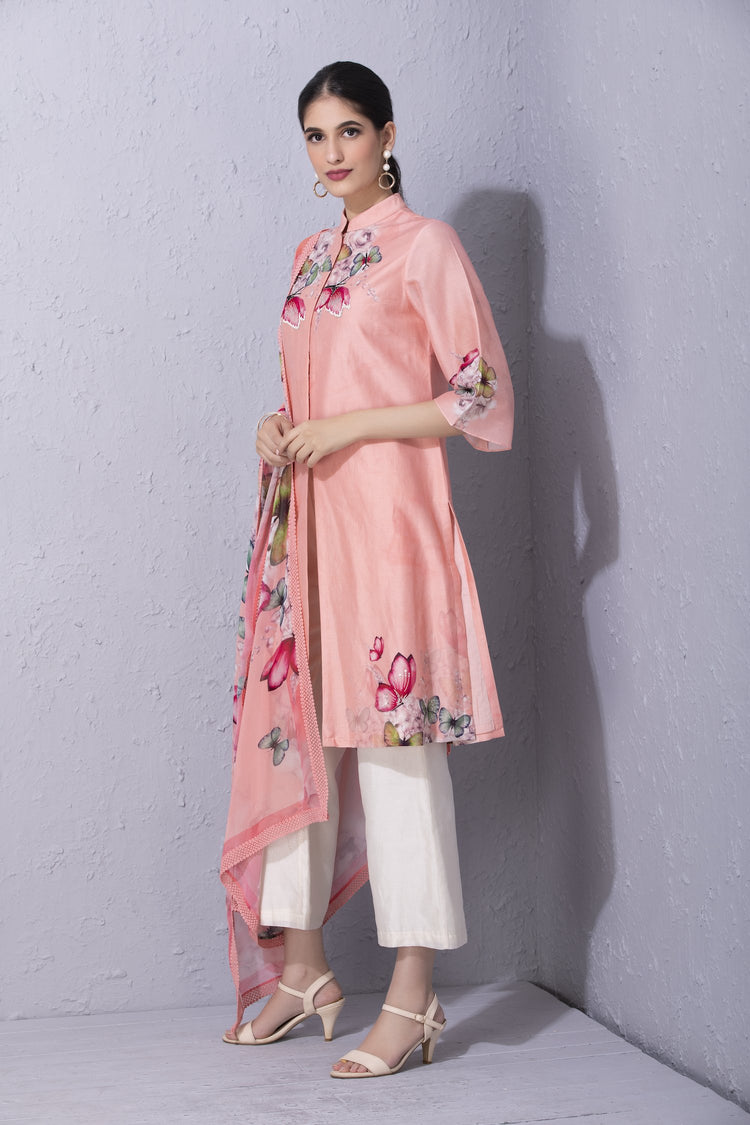 Bubblegum Pink Papillon Front Open Kurta Set