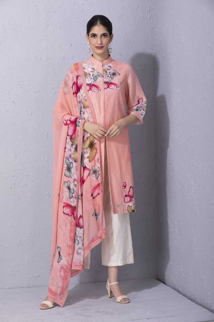 Bubblegum Pink Papillon Front Open Kurta Set