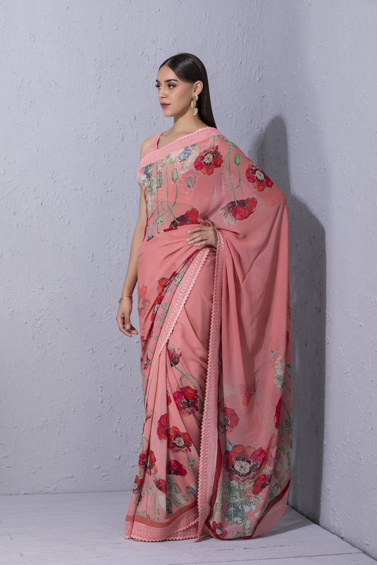 Pomegranate and Poppy Bubblegum Pink Printed Saree