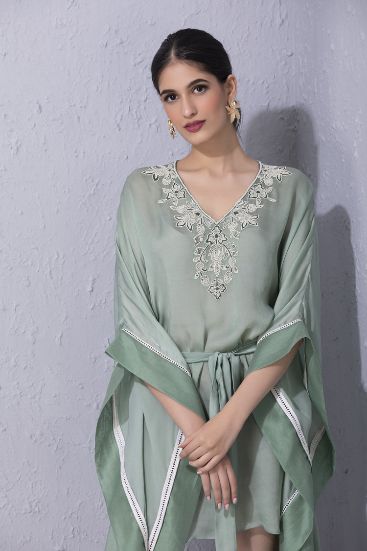 Moroccan Touch Sage Green Satin Georgette Kaftan
