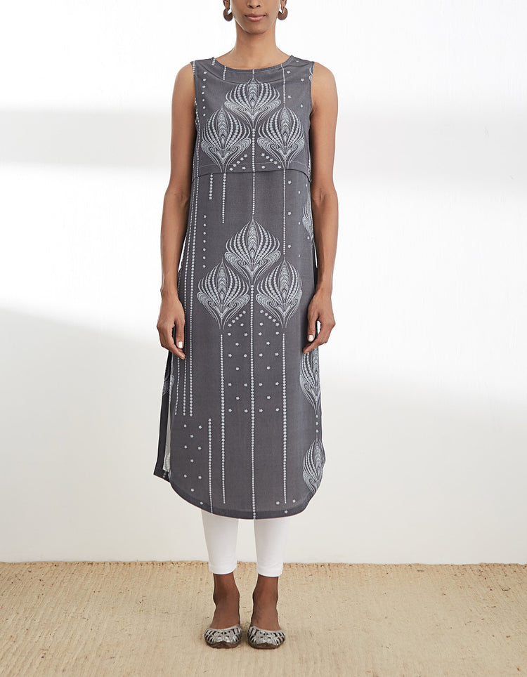 Grey Printed Sleeveless Tunic