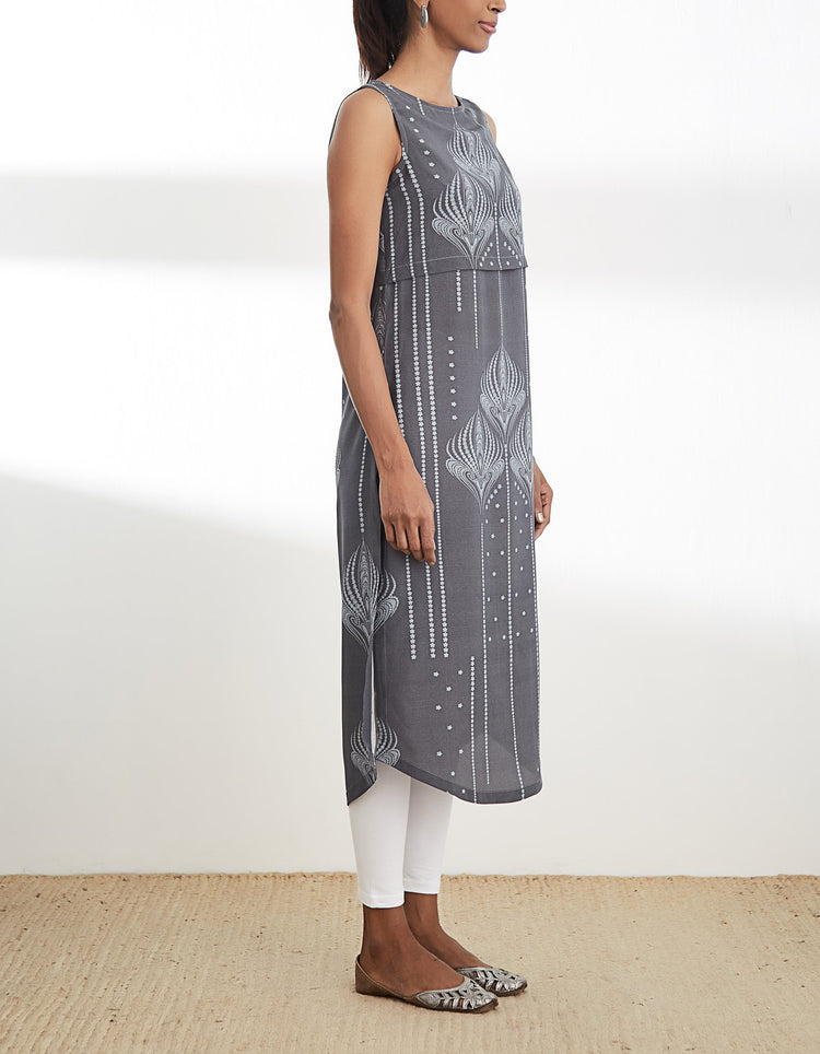 Grey Printed Sleeveless Tunic