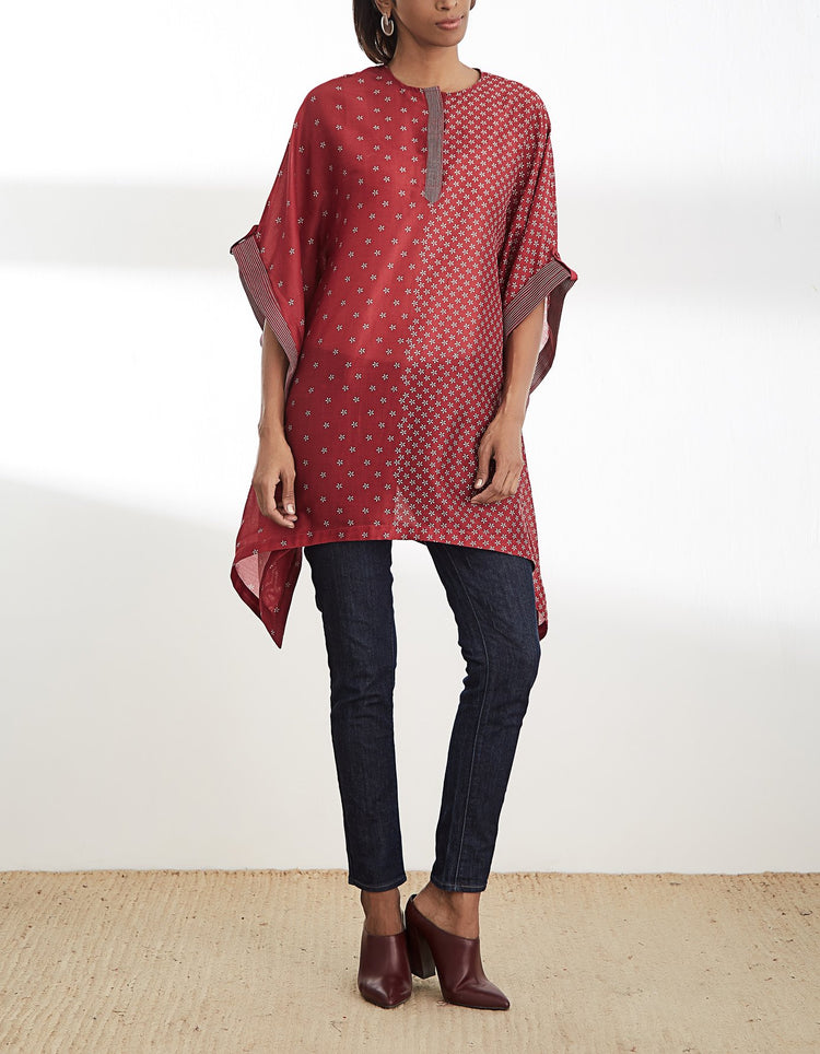 Maroon Asymmetric Printed Kaftan