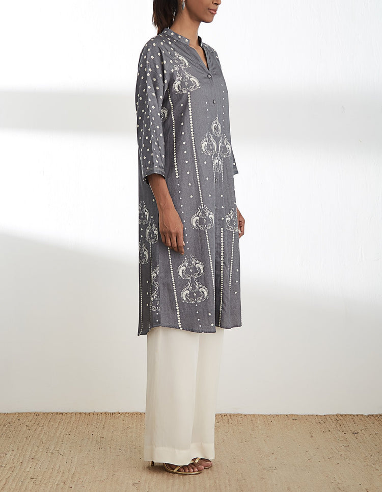 Grey Printed Cotton Satin Tunic
