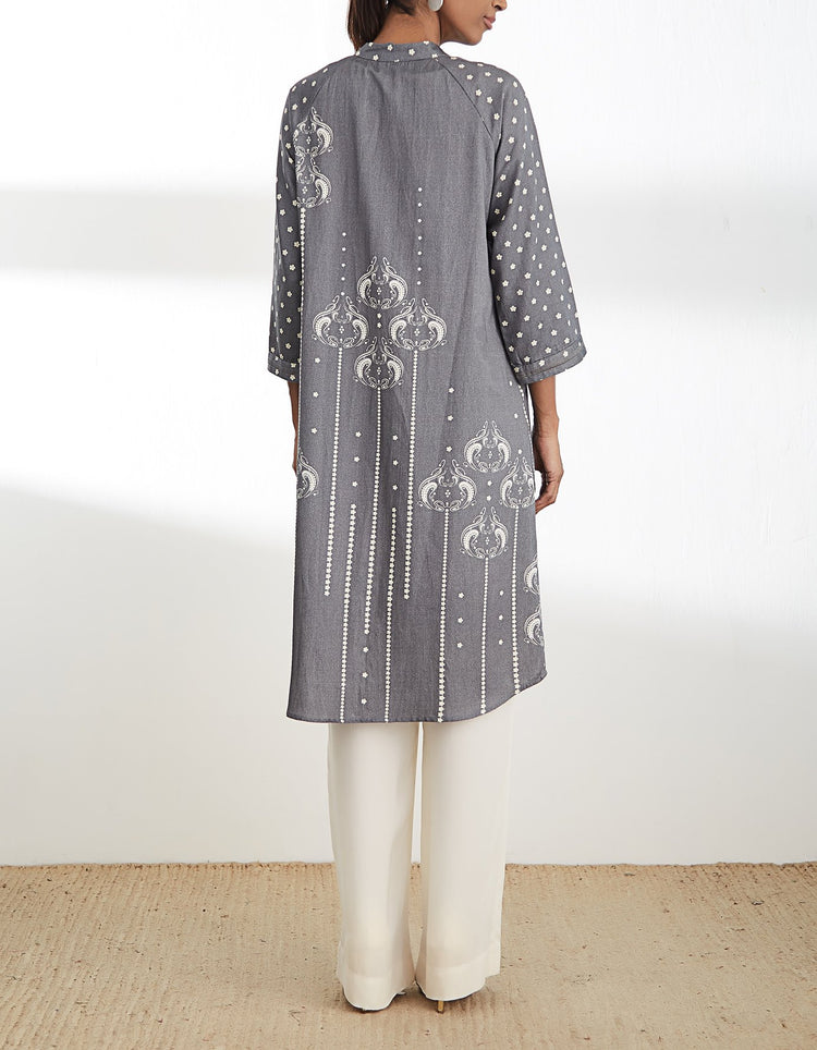 Grey Printed Cotton Satin Tunic