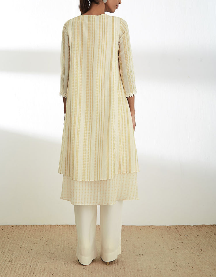 Mustard Printed Long Double Layer Kurta