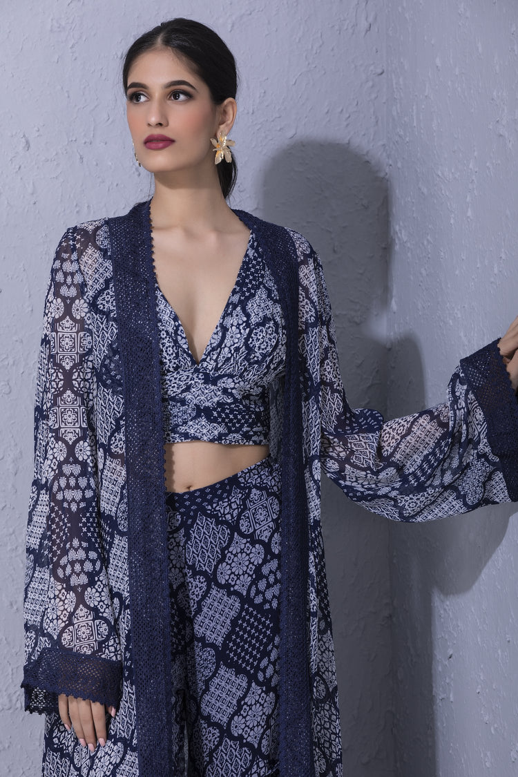 Moroccan Touch Indigo Printed Overlay and Sharara Set