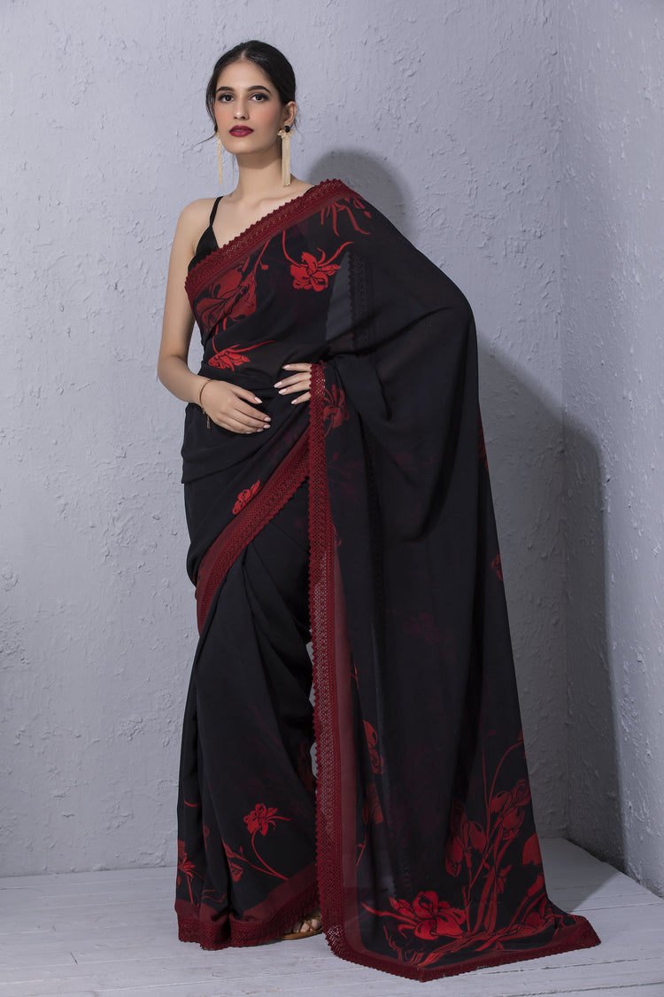 Iris Flower Black Printed Saree