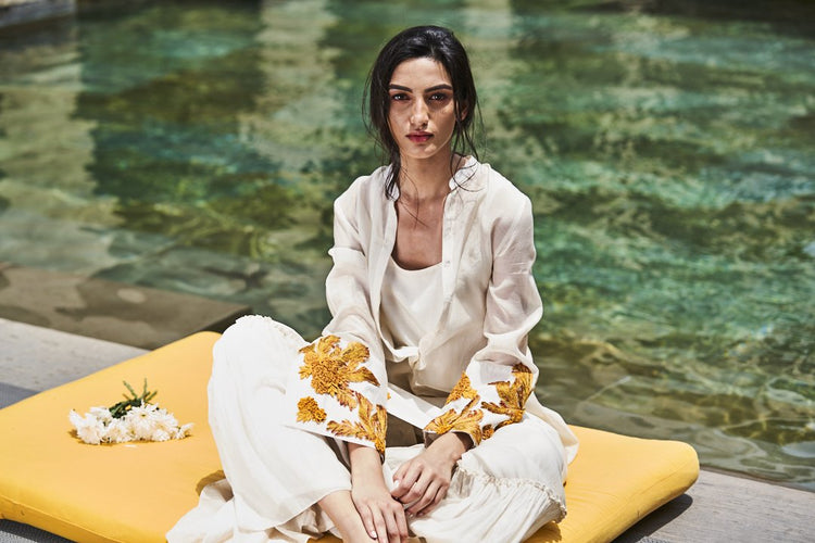 Ivory Chiffon Flower Embroidery Tunic Set