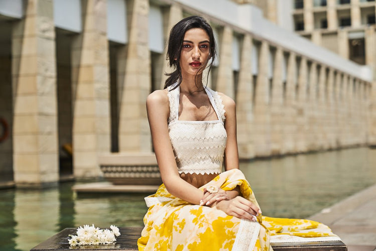 Yellow Printed Saree with Ivory Blouse