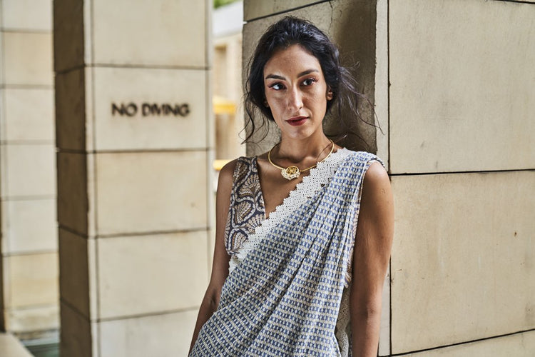 Ivory and Blue Gingham Check Pre Draped Saree with Blouse