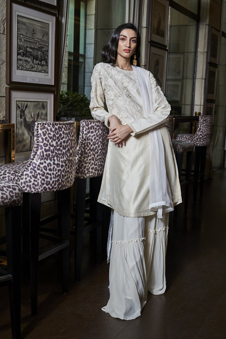 Ivory Chiffon Flower Work on Neck and Arms, Garara & Chiffon Dupatta