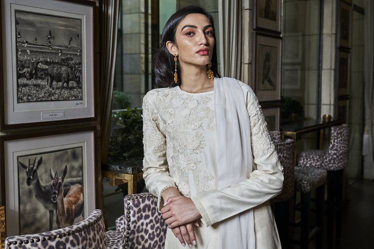 Ivory Chiffon Flower Work on Neck and Arms, Garara & Chiffon Dupatta