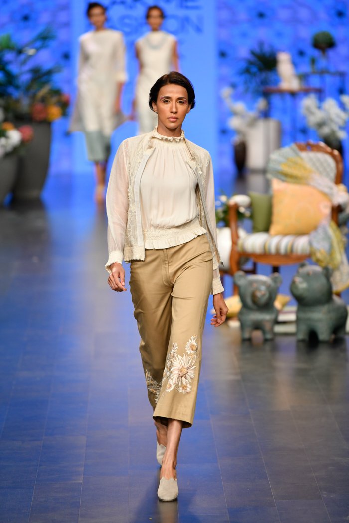 Ivory and Beige Bird Embroidered Bomber Jacket Set