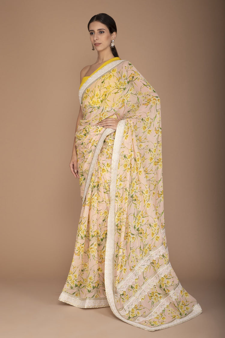 Pink Printed Saree with Mustard Blouse