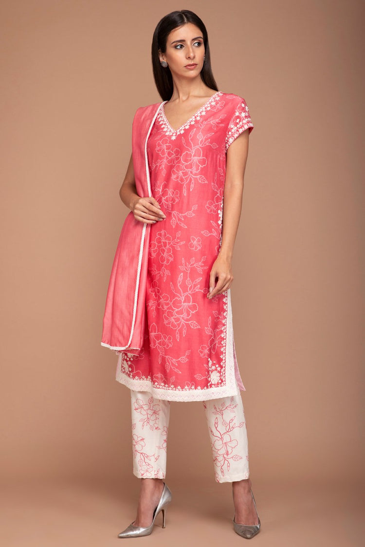 Bright Pink V-neck Digital Print Kurta and Flower Printed Pants with a Plain Dupatta