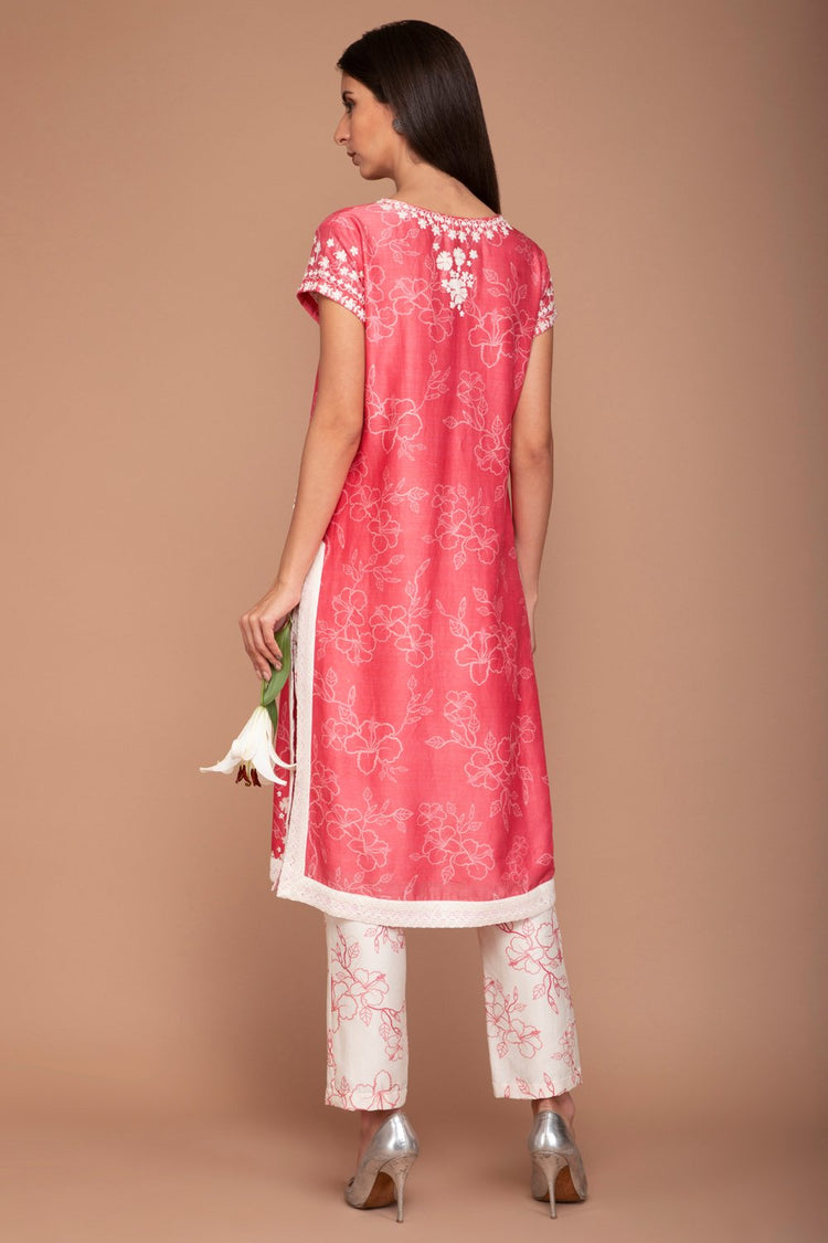 Bright Pink V-neck Digital Print Kurta and Flower Printed Pants with a Plain Dupatta