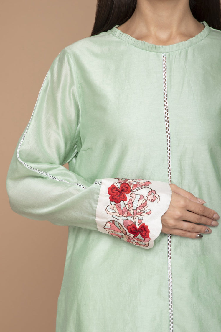 Mint Green Chanderi Kurta with Floral Motifs on the Cuffs with a Dupatta and Ivory Pants