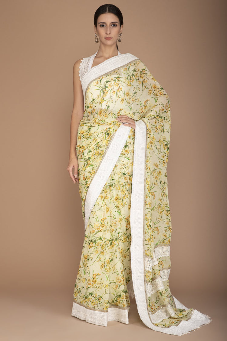 Yellow Printed Saree with Lace Embroidery All Over