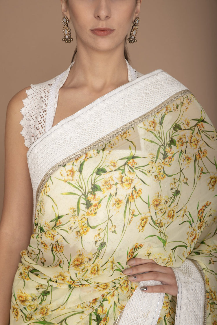 Yellow Printed Saree with Lace Embroidery All Over