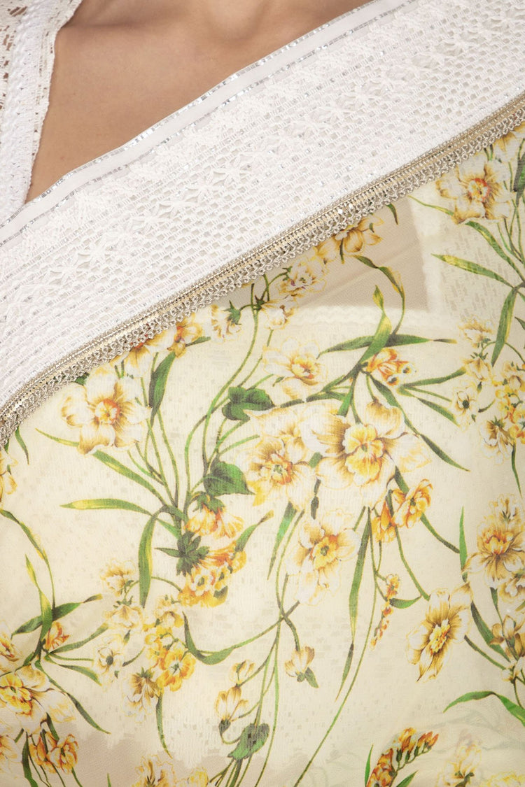 Yellow Printed Saree with Lace Embroidery All Over