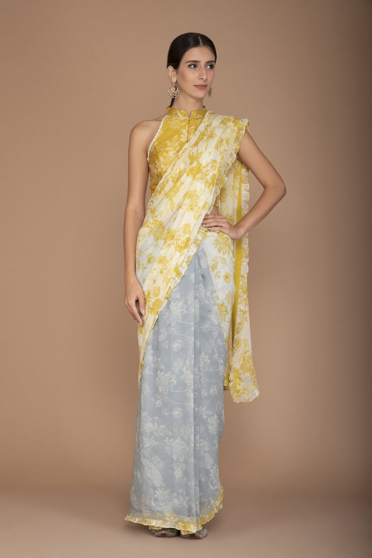 Printed Yellow and Blue Raw Silk Blouse, Chiffon Saree
