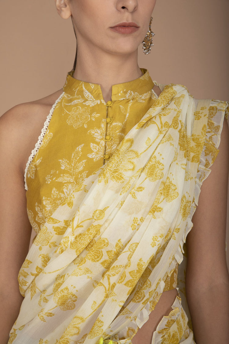 Printed Yellow and Blue Raw Silk Blouse, Chiffon Saree