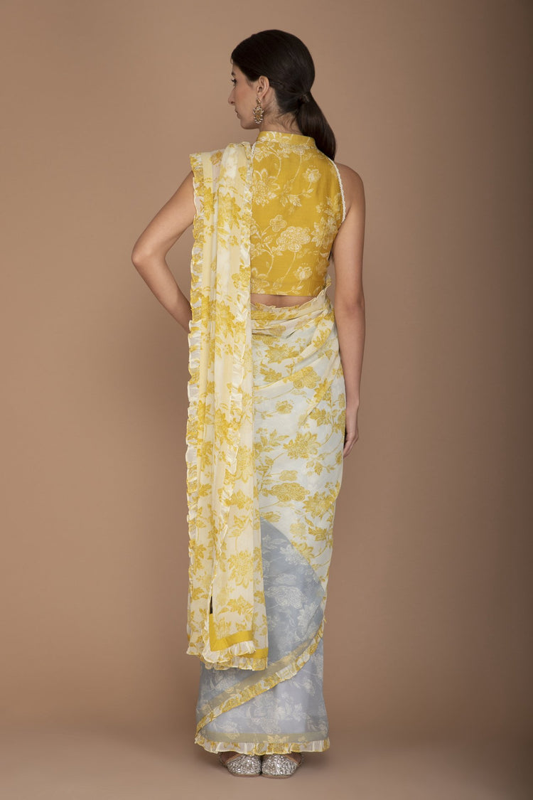 Printed Yellow and Blue Raw Silk Blouse, Chiffon Saree