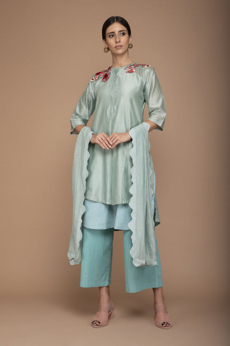 Duck Egg Applique Resham Work on Neck with Double Layer