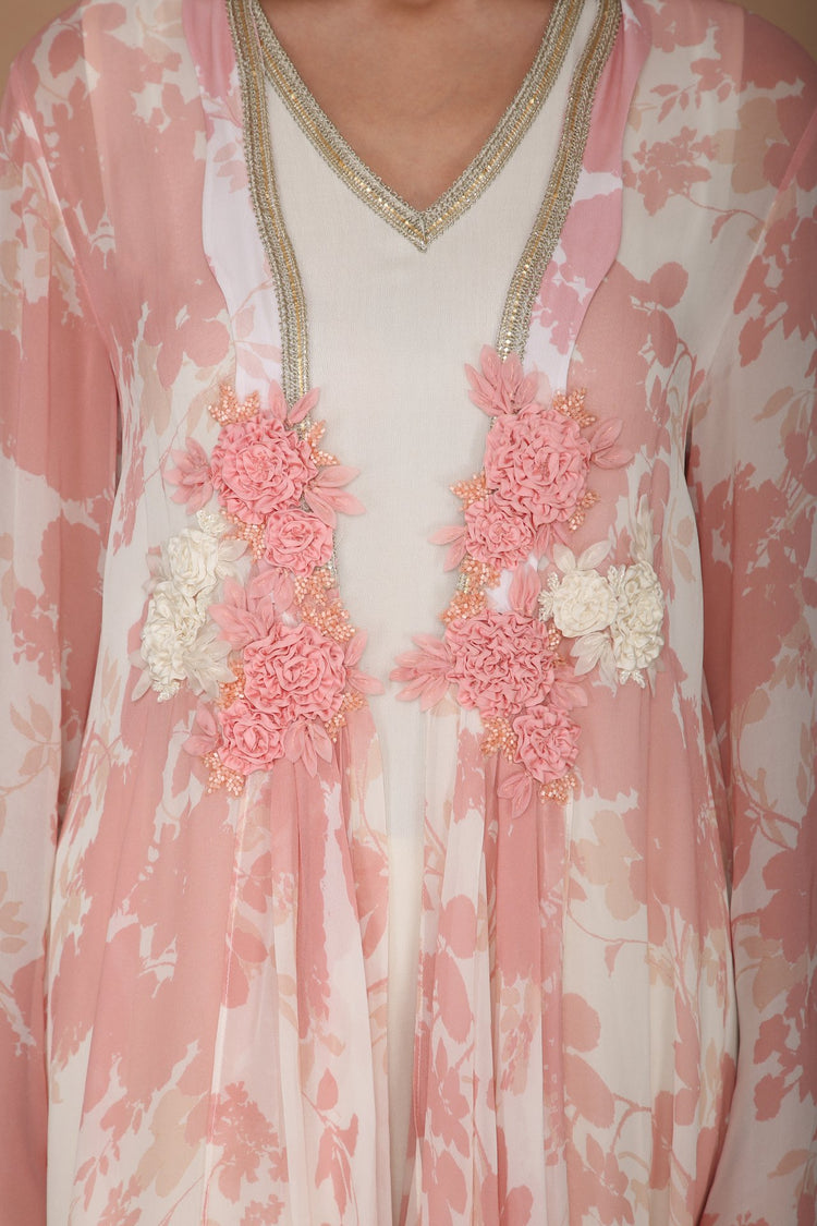 Printed Pink and Ivory Cape Set with Hand Embroidered Flower Motif
