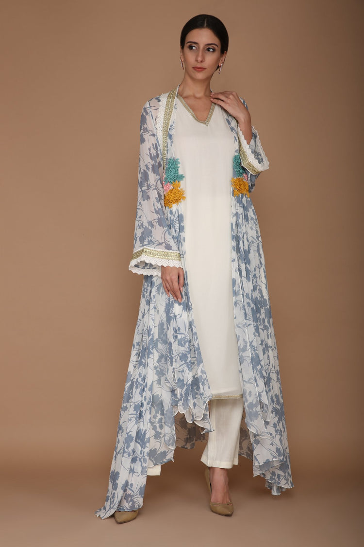 Printed Blue and Ivory Cape Set with Hand Embroidery