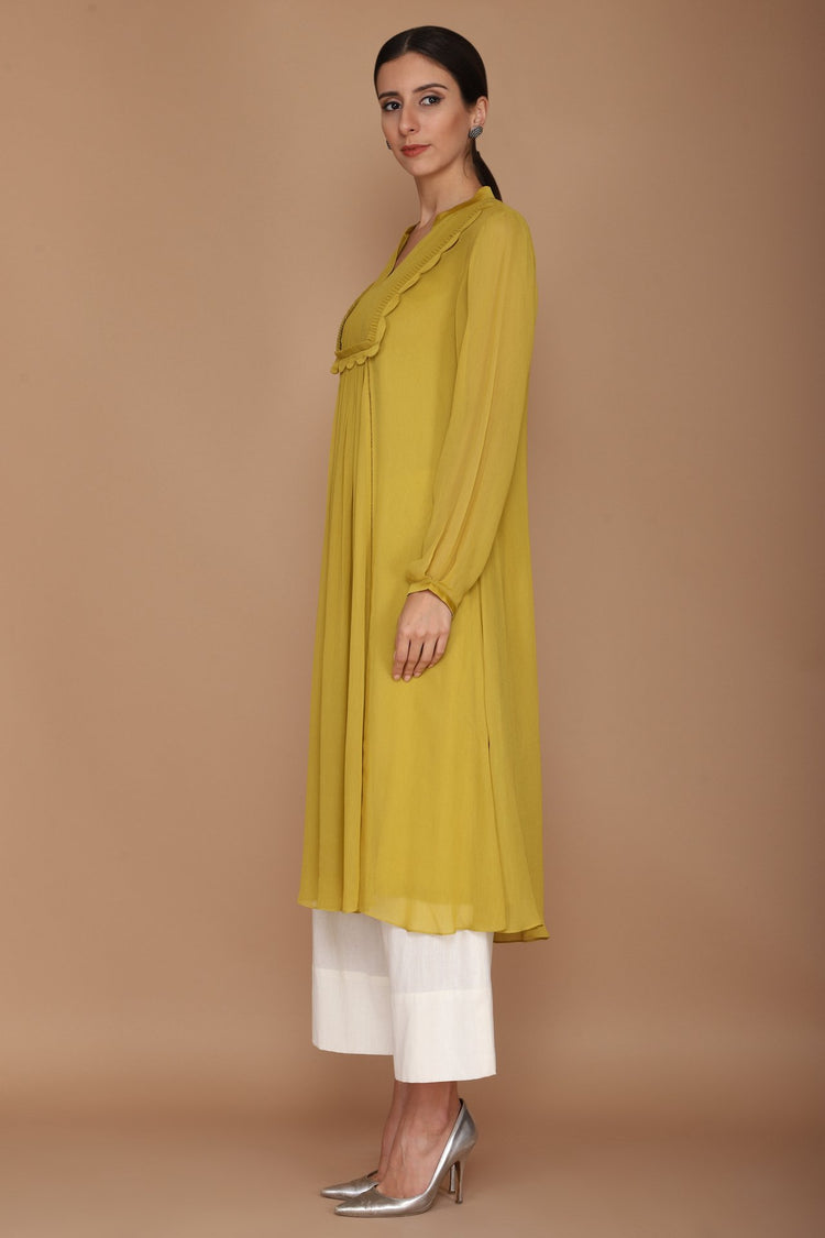 Green Kurta with Cupra Satin Frill Detailing