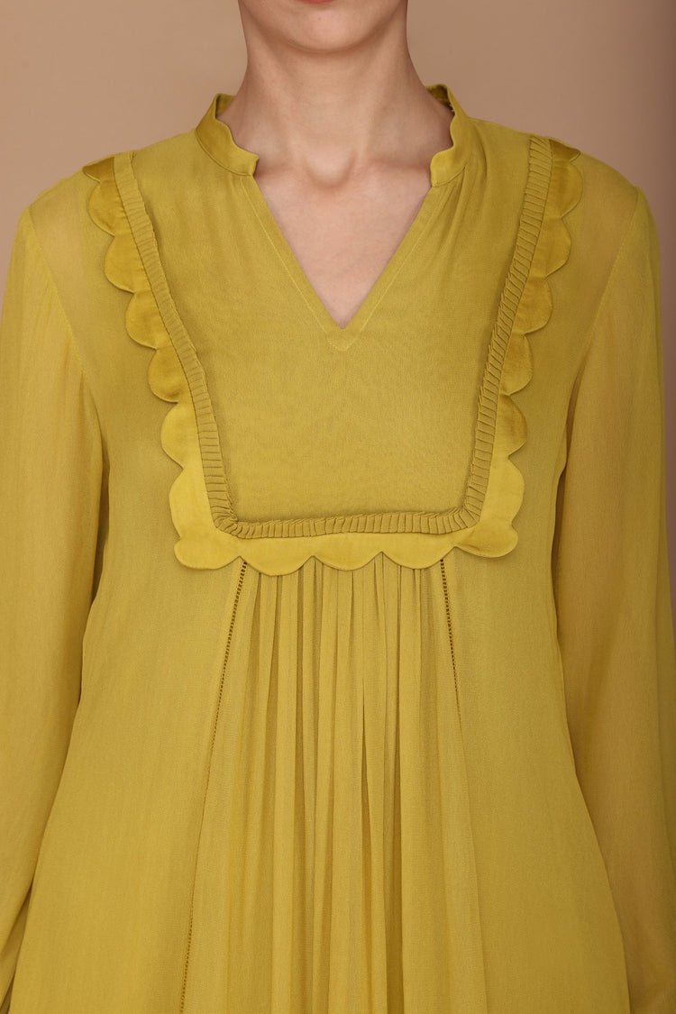 Green Kurta with Cupra Satin Frill Detailing