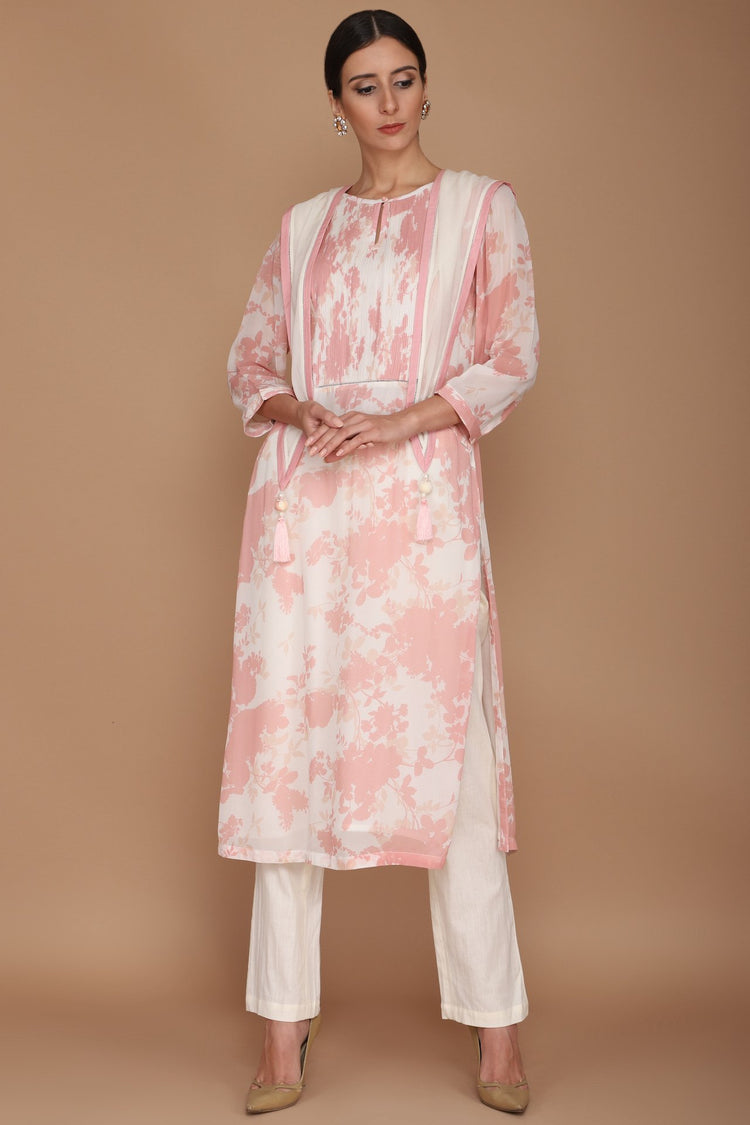 Pink and Ivory Printed Floral Kurta with Ivory Scarf