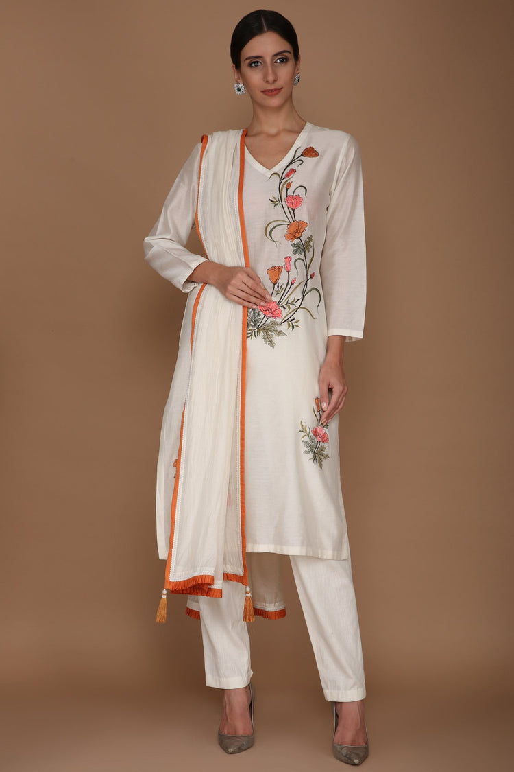 Ivory V-Neck Floral Motif Embroidered Kurta with Trouser and Dupatta