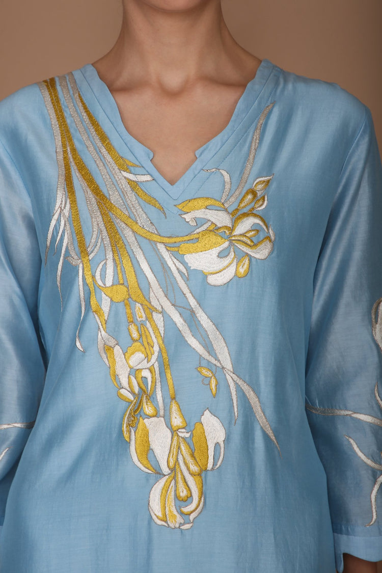 Powder Blue V Neck Chanderi Tunic Set