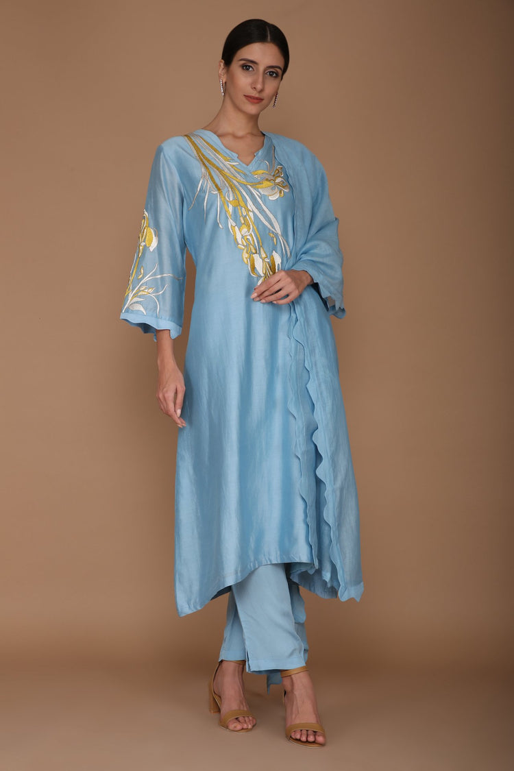 Powder Blue V Neck Chanderi Tunic Set
