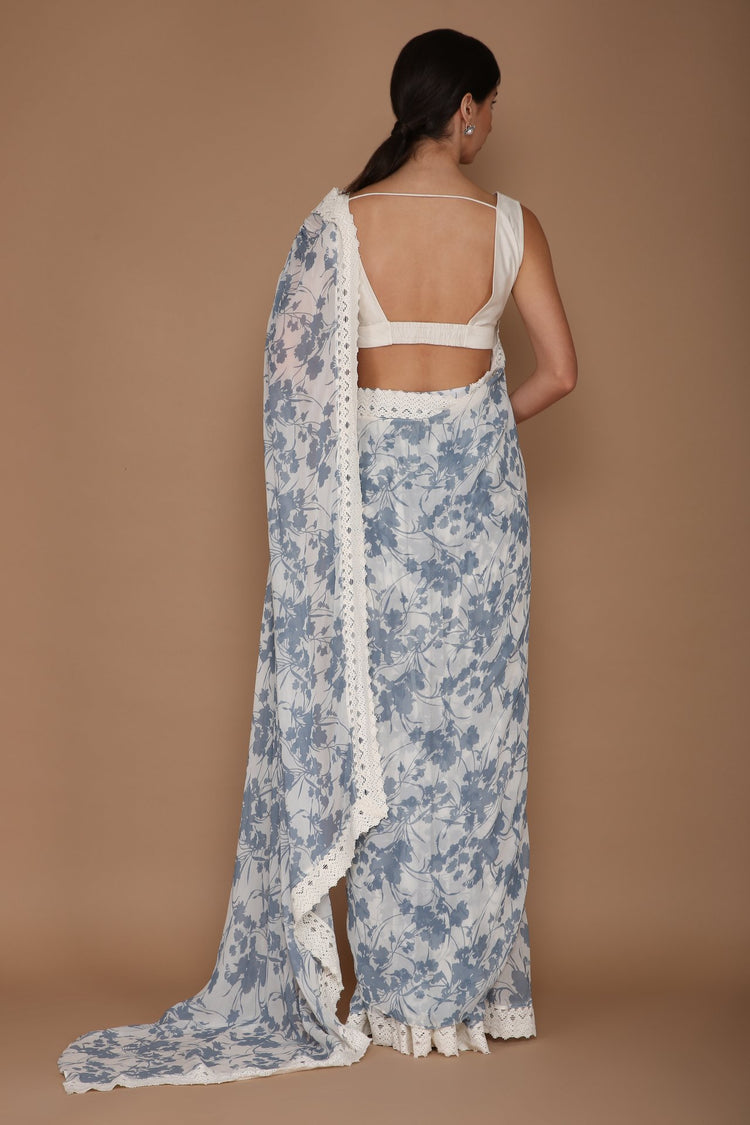 printed blue and ivory saree