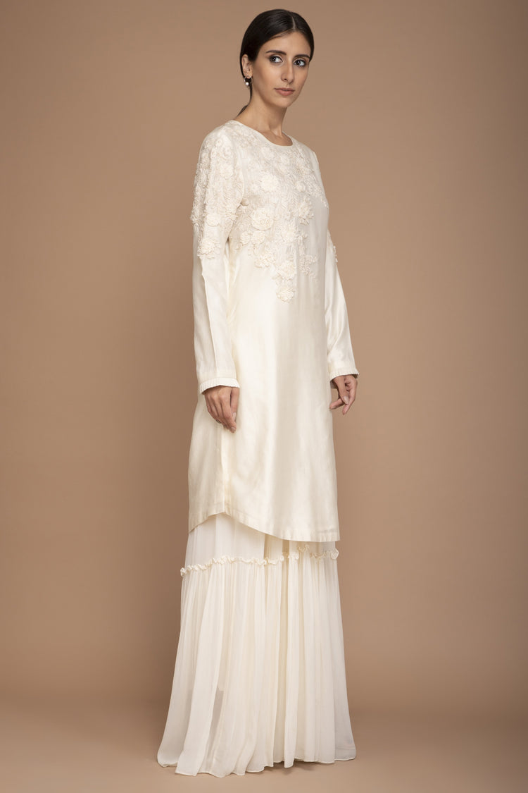 Ivory Chiffon Flower Work on Neck and Arms, Garara & Chiffon Dupatta