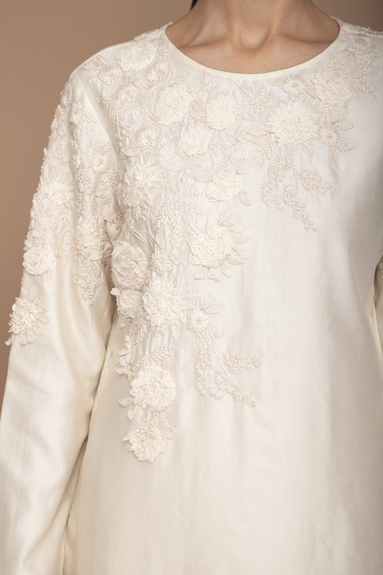 Ivory Chiffon Flower Work on Neck and Arms, Garara & Chiffon Dupatta