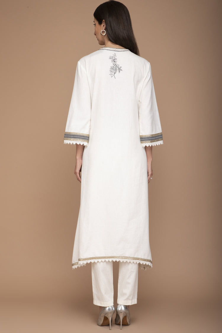 Ivory Coloured Khadi Kurta Set With Embroidery On The Yoke