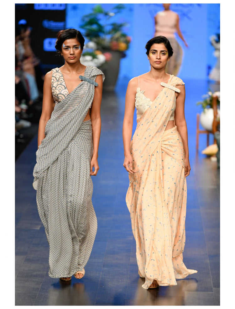 Peach Polka Print Pre Drape Saree Set