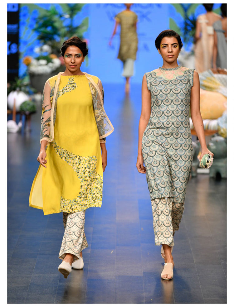 Yellow Wave Printed Tunic Set
