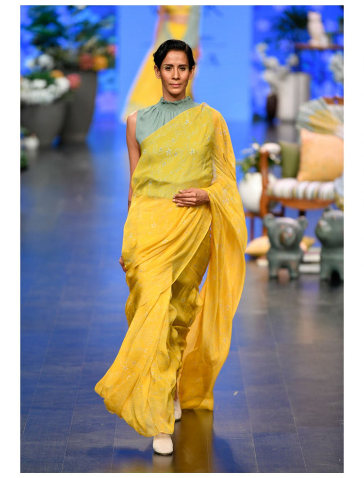 Yellow Pre Stitch Art Novou Printed Saree Set