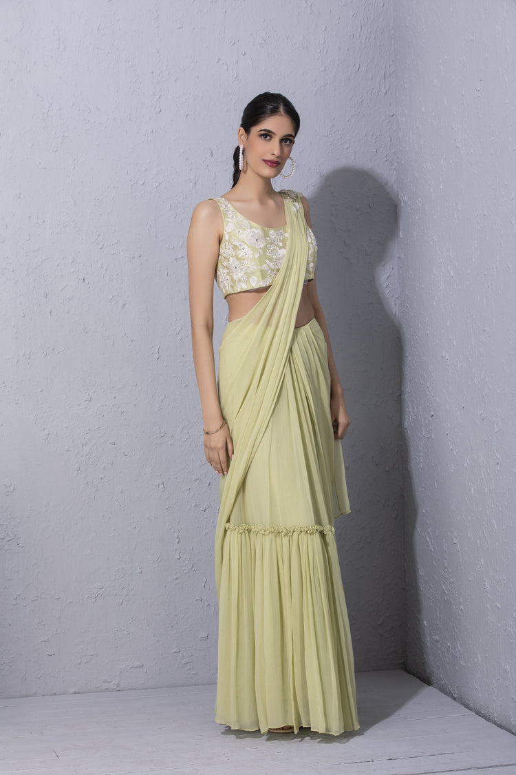 White Garden Pre Stitched Saree