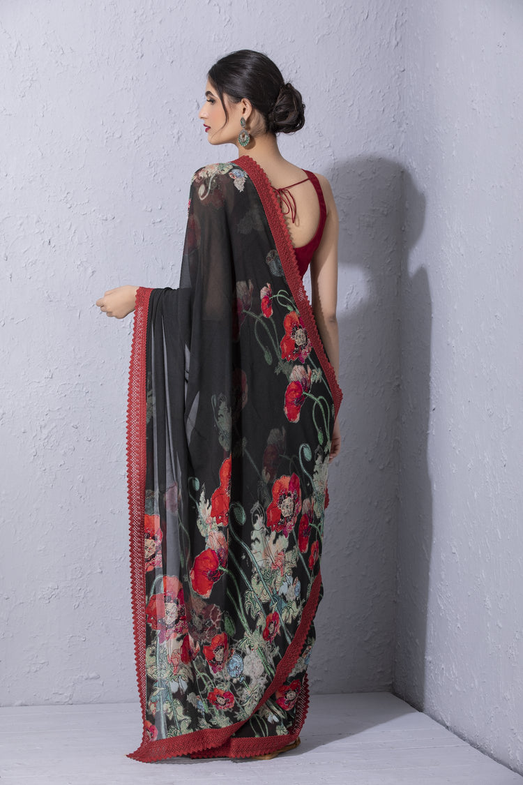 Pomegranate and Poppy Bottle Green Printed Saree
