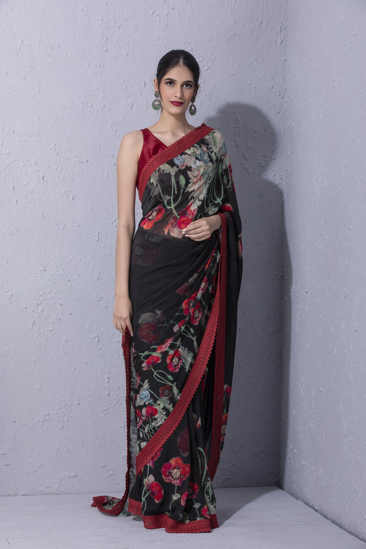 Pomegranate and Poppy Bottle Green Printed Saree