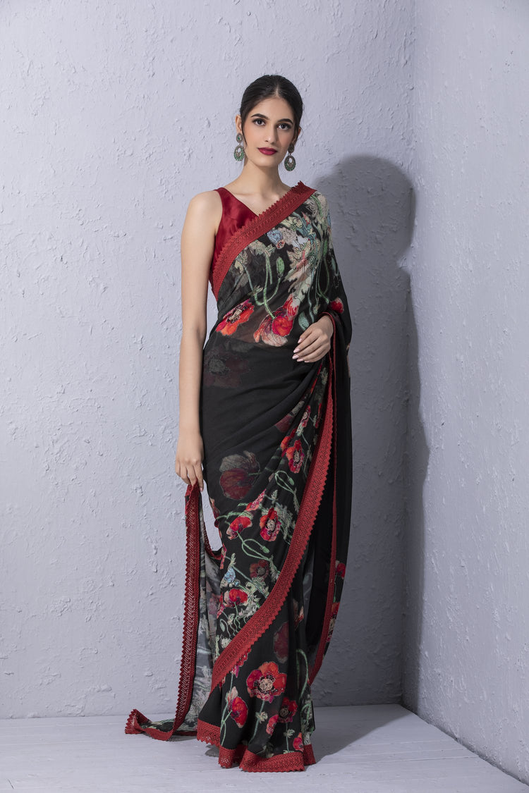 Pomegranate and Poppy Bottle Green Printed Saree