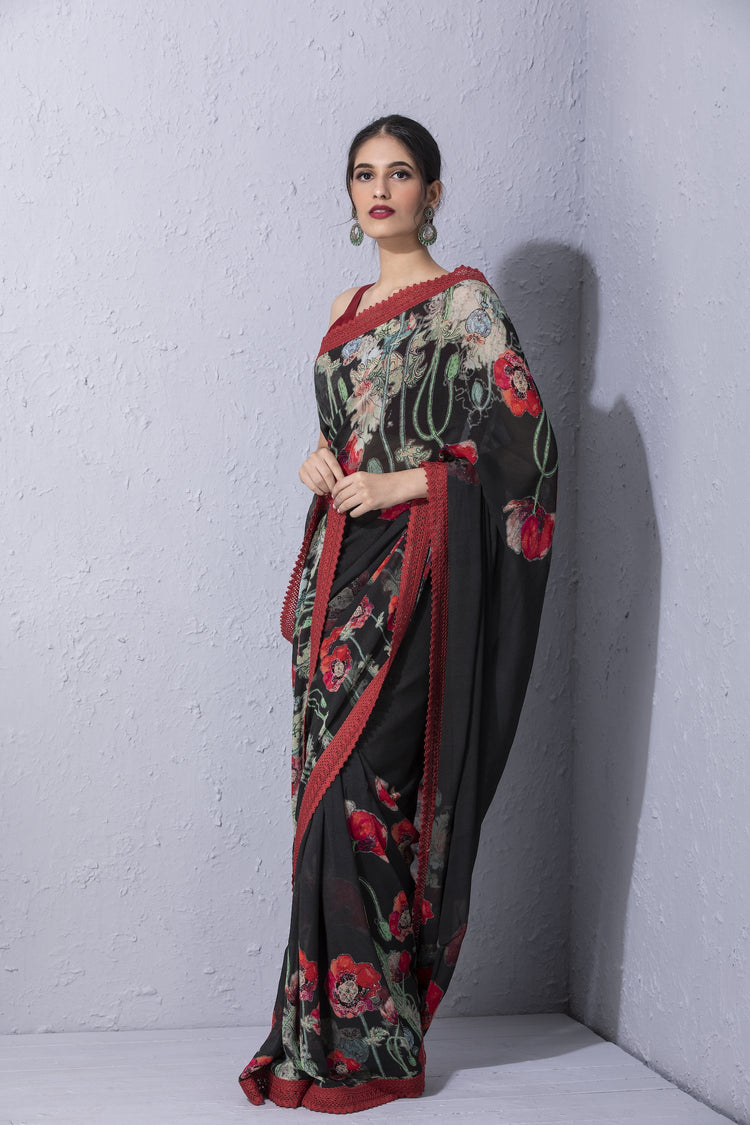 Pomegranate and Poppy Bottle Green Printed Saree
