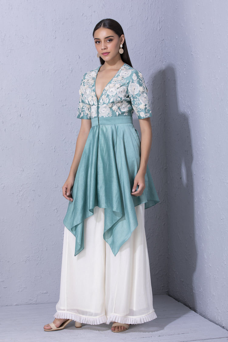 White Garden Handkerchief Hem Tunic And Sharara Set